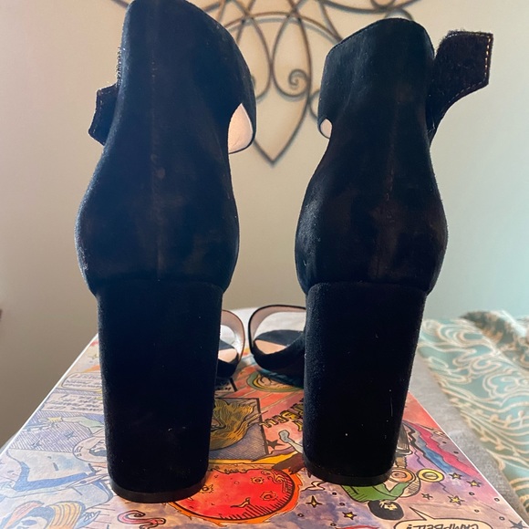 Black suede high heel sandals with Velcro ankle strap. - Picture 3 of 5